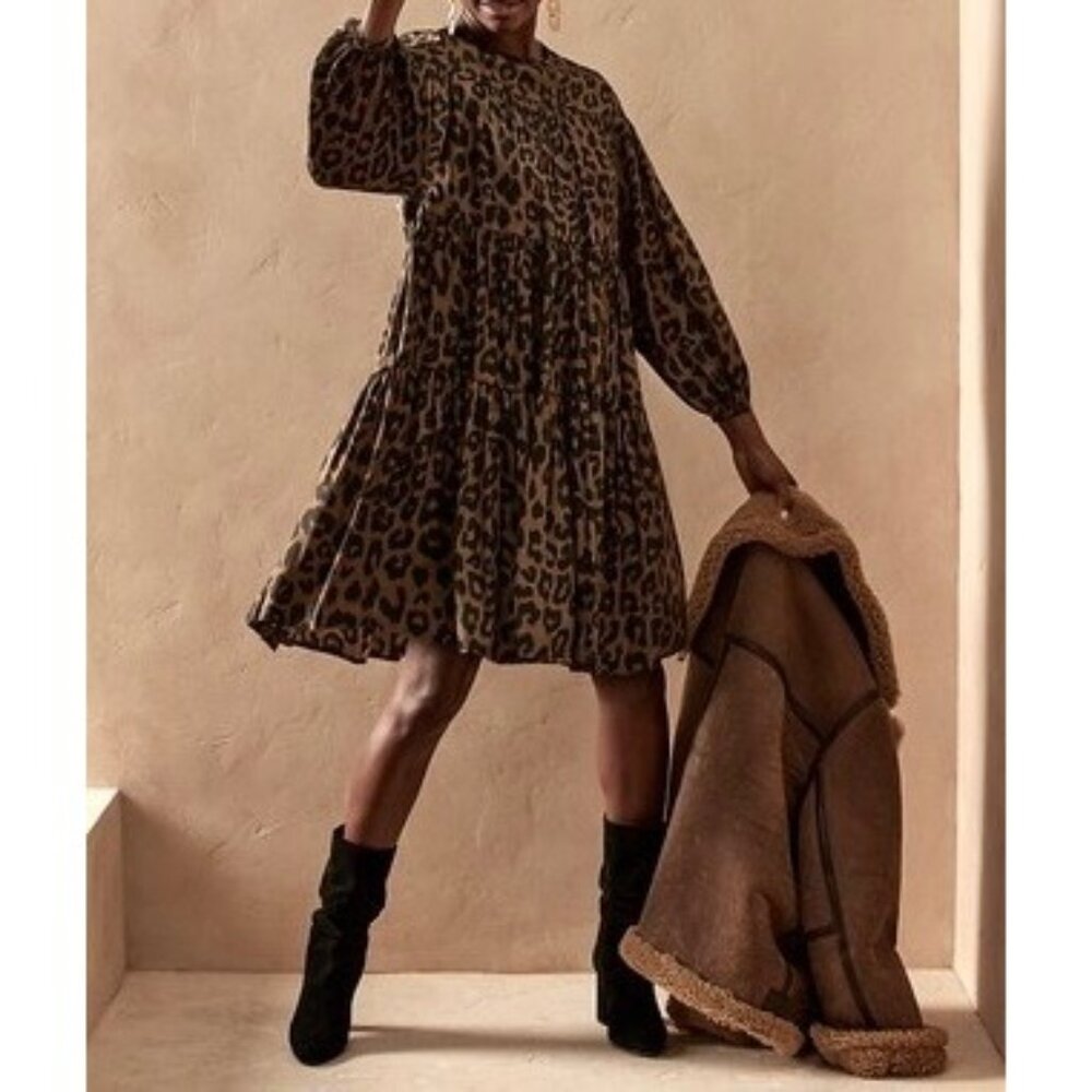 Banana Republic Womens Leopard Print Satin Tiered Mini Dress Brown Black size S